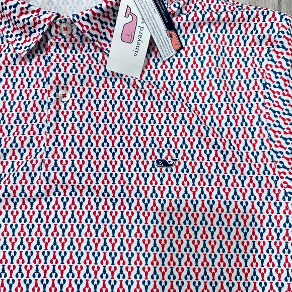 NWT Vineyard Vines Performance Polo Shirt Mens Large All Over Red Blue Lobster - Picture 3 of 10